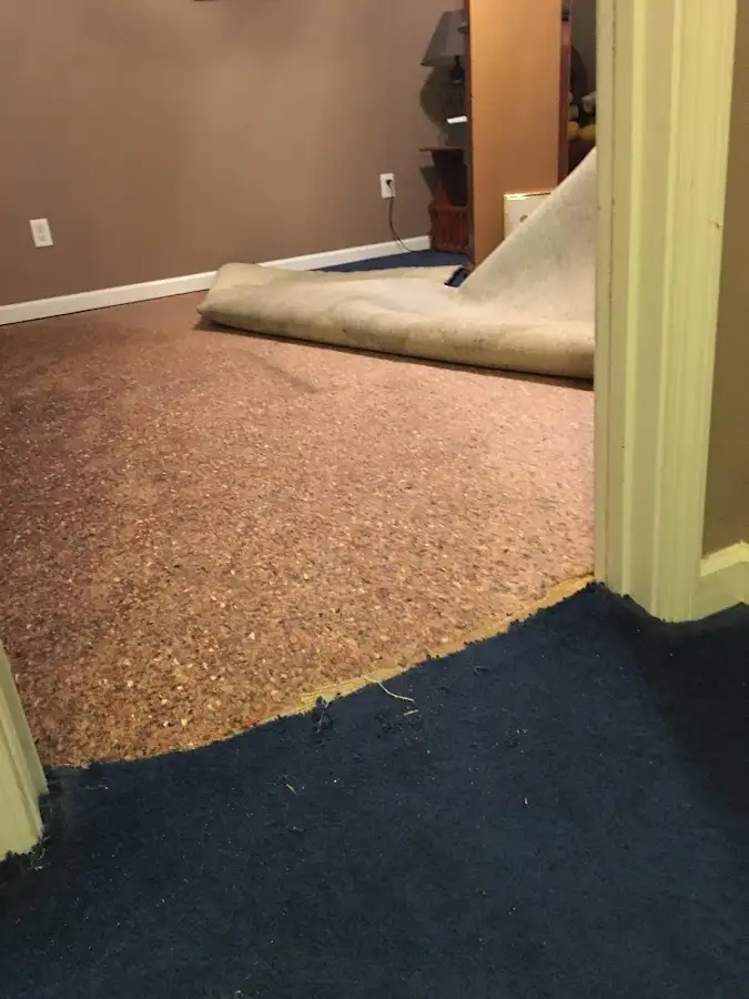 Carpet pad removal revealing water damage during Water Mitigation Services in Steelton